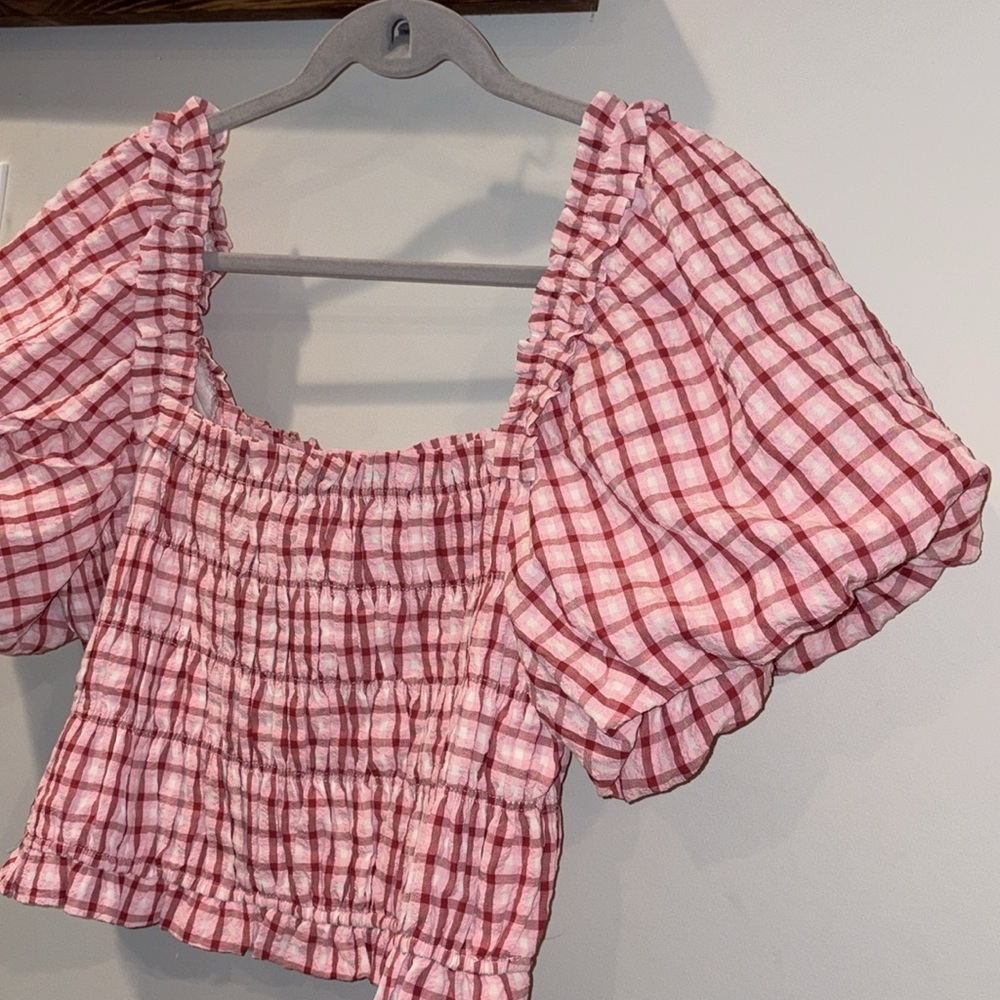 English Factory NEW Check Smocked Puff Sleeve Top Size Large Pink/Red - Picture 7 of 15